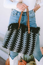 Load image into Gallery viewer, Black Colorblock Knit Fringed Button Large Tote Bag
