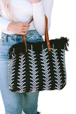 Load image into Gallery viewer, Black Colorblock Knit Fringed Button Large Tote Bag
