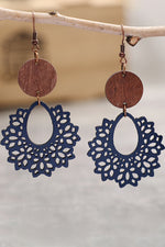 Load image into Gallery viewer, Blue Hollowed Round Wood Pendant Earrings
