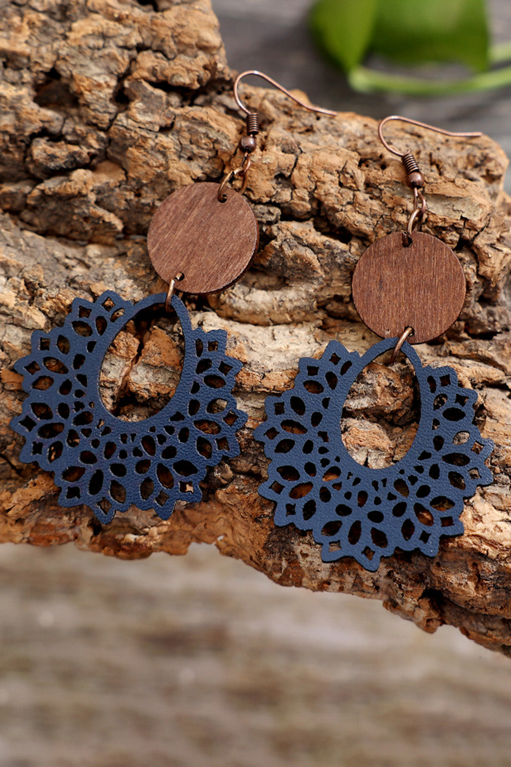 Blue Hollowed Round Wood Pendant Earrings