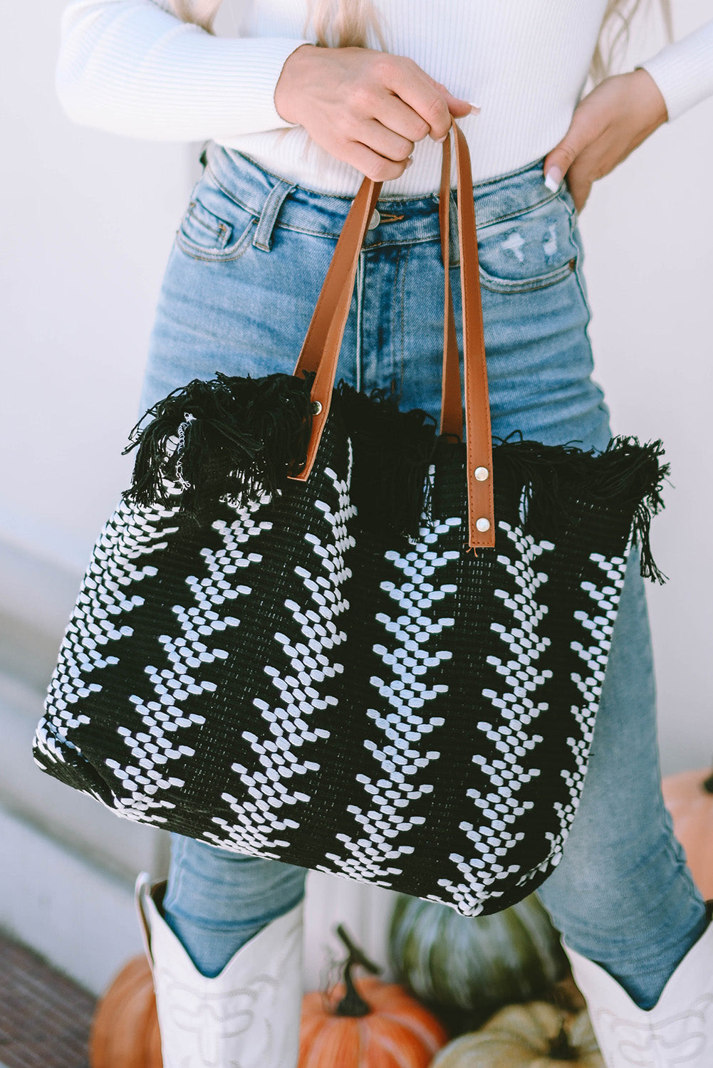 Black Colorblock Knit Fringed Button Large Tote Bag