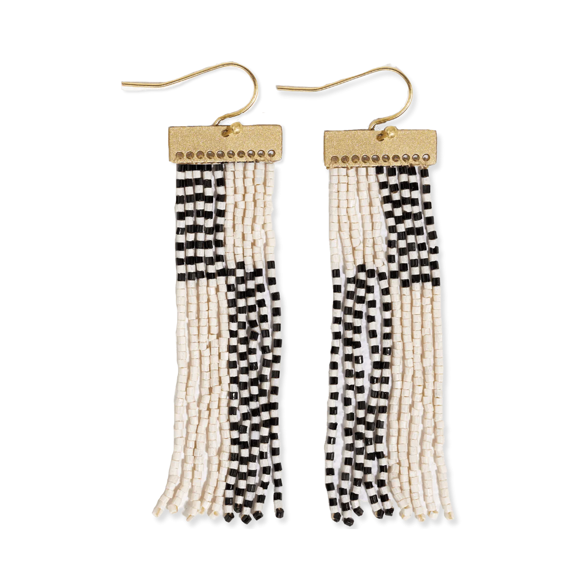 Lana Rectangle Hanger Colorblocks With Stripes Beaded Fringe Earrings Earrings Black
