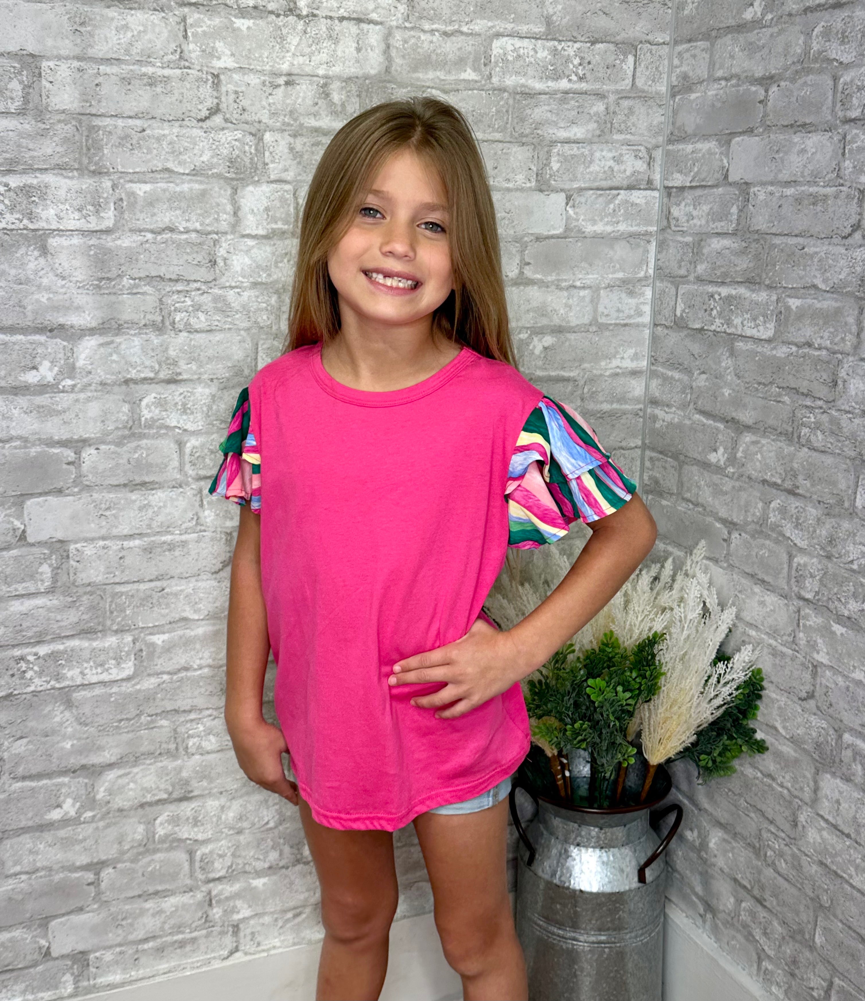 Girls Pink Top with Stripped Ruffle Sleeve
