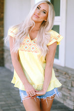 Load image into Gallery viewer, Yellow Geometric Embroidery Textured Top with Ruffles
