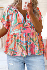 Load image into Gallery viewer, Multicolor Boho Abstract Pattern Split V Neck Flowy Blouse
