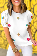 Load image into Gallery viewer, White Embroidered Flower Short Puff Sleeve Tee
