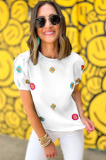 Load image into Gallery viewer, White Embroidered Flower Short Puff Sleeve Tee
