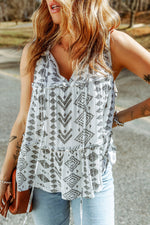 Load image into Gallery viewer, White Tribal Geometric Print Tiered Frilled V Neck Tank Top
