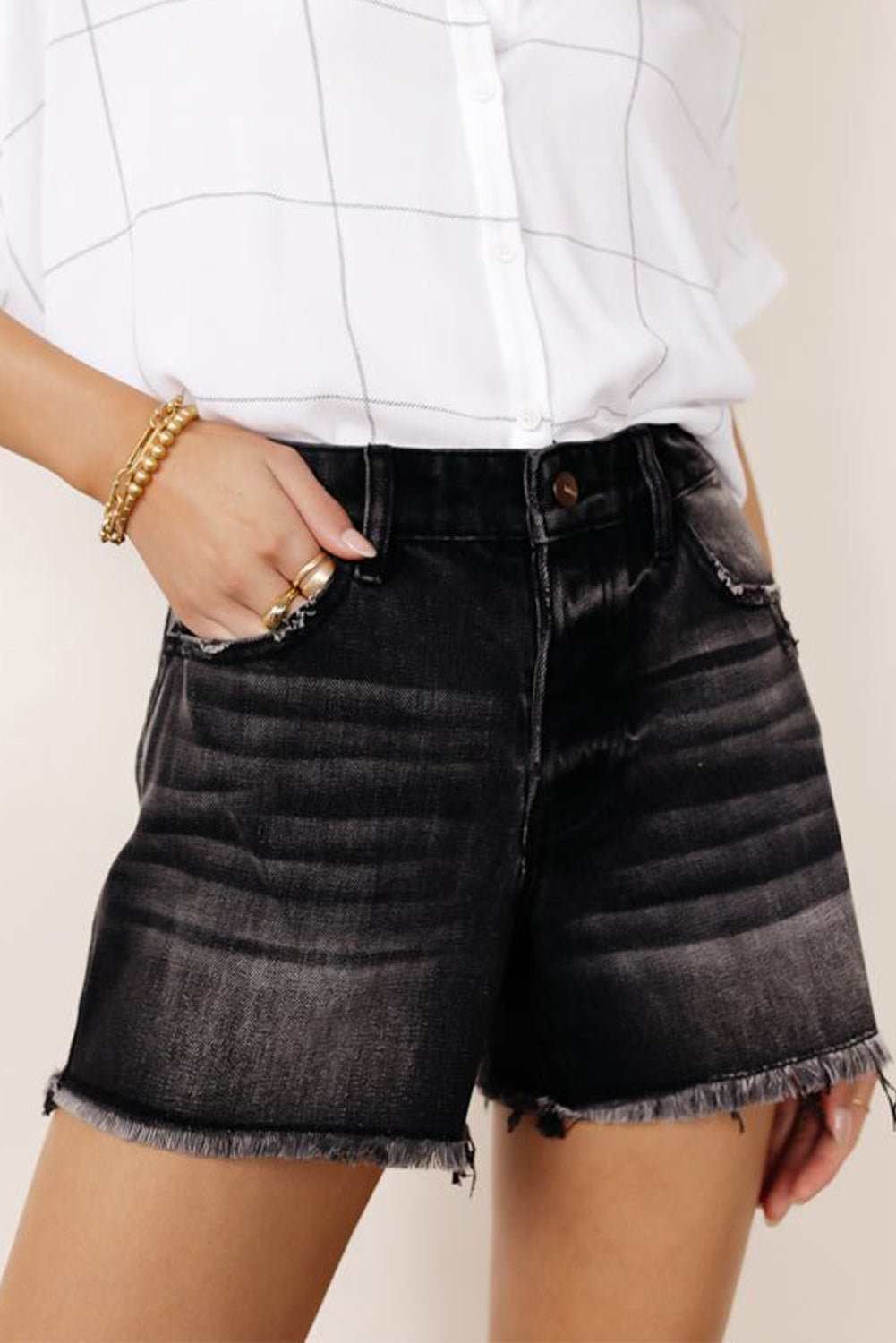 Black Vintage Washed High Waist Frayed Cutoff Denim Shorts