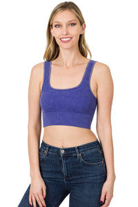 ZENANA WASHED RIBBED SQUARE NECK CROPPED TANK TOP
