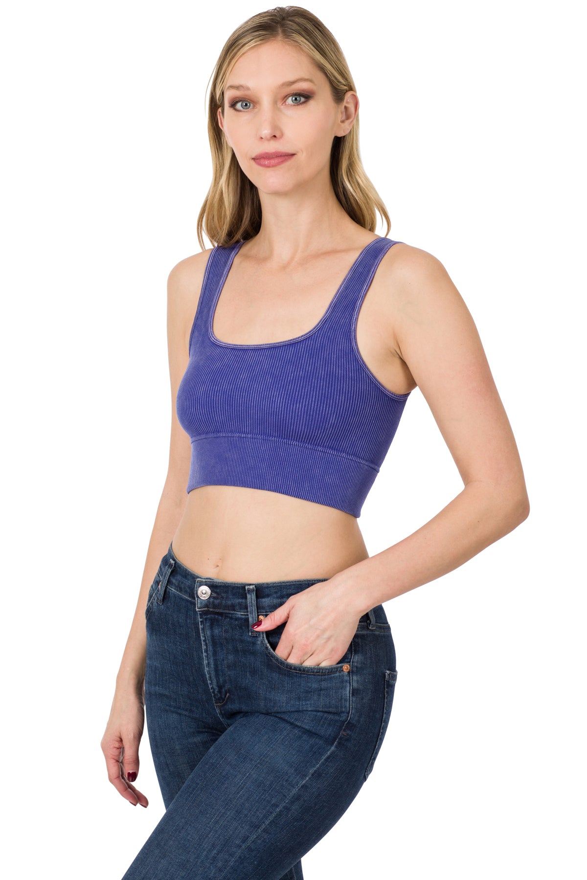 ZENANA WASHED RIBBED SQUARE NECK CROPPED TANK TOP