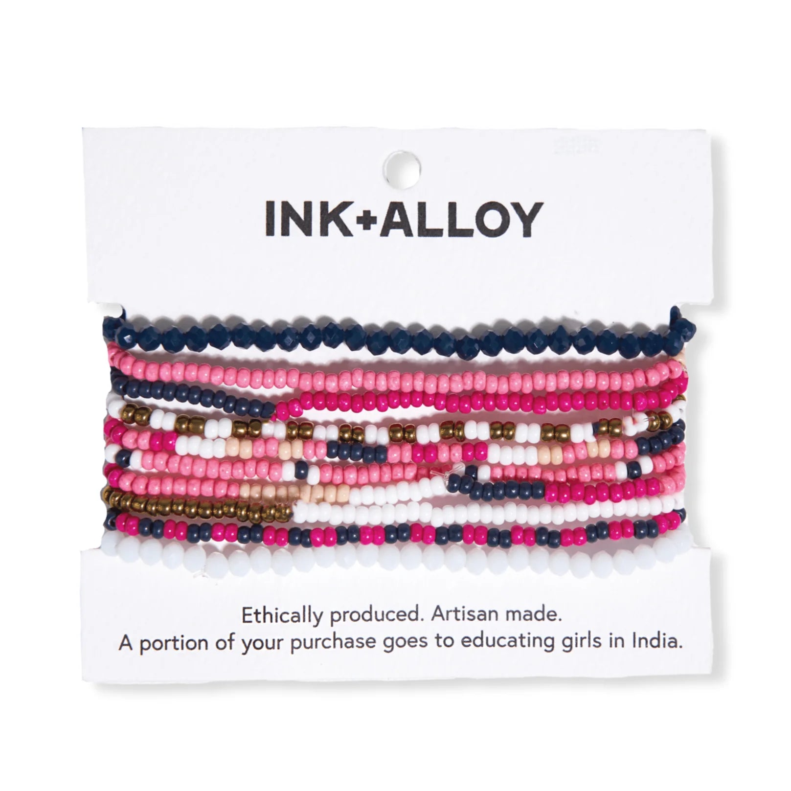 Ink + Alloy Sage Mixed Stripe Beaded 10 Strand Stretch Bracelets Hot Pink