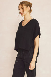 Entro High Low Raw Texture Black Top