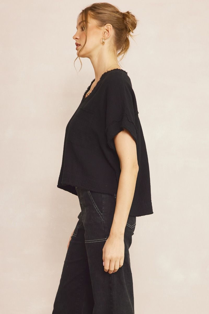 Entro High Low Raw Texture Black Top