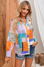 Load image into Gallery viewer, Patchwork Puff Sleeve Collared Shirt
