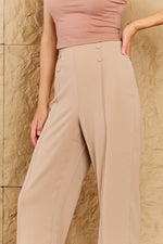 Load image into Gallery viewer, HYFVE Pretty Pleased High Waist Pintuck Straight Leg Pants in Camel

