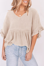 Load image into Gallery viewer, Apricot Ruffled Lace Detail Loose V Neck Top
