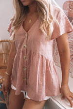 Load image into Gallery viewer, Pink Short Sleeves Button Peplum Shirt
