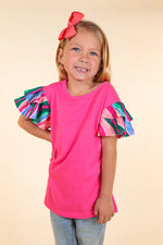 Load image into Gallery viewer, Girls Pink Top with Stripped Ruffle Sleeve
