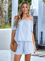 Load image into Gallery viewer, Textured Frill Trim Off-Shoulder Top and Shorts Set
