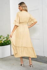 Load image into Gallery viewer, V-Neck Flounce Sleeve Smocked Waist High Slit Dress
