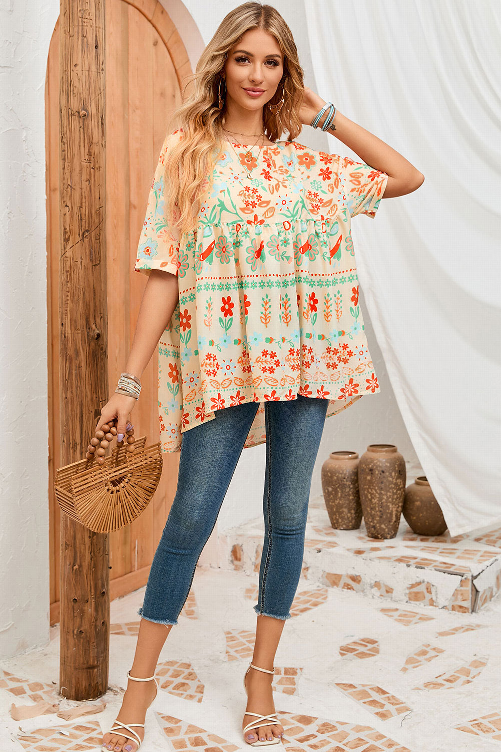 Floral Round Neck Babydoll Blouse