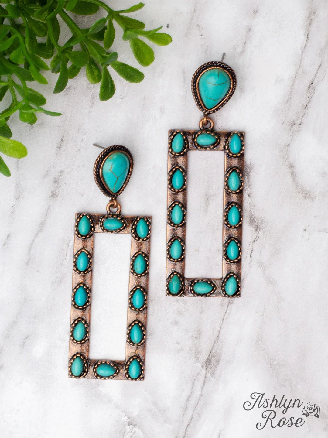 LET'S GO SQUARE DANCING TEARDROP TURQUOISE STONE COPPER RECTANGLE EARRINGS