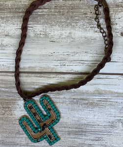 Leopard Turquoise Cactus Pendant On Brown Leather  Necklace